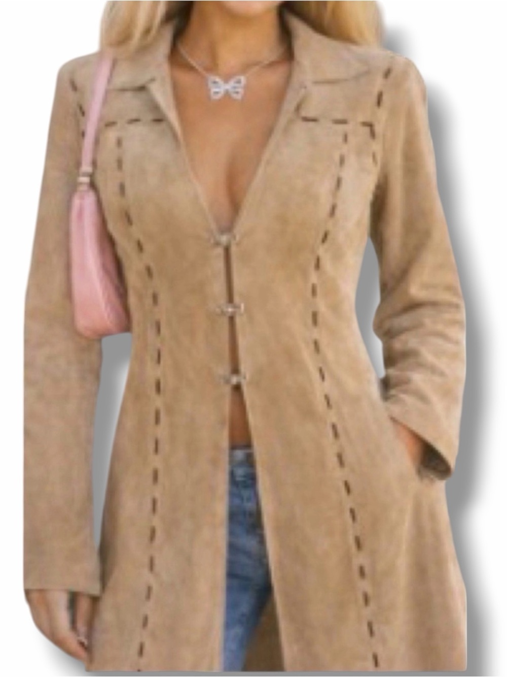 Vtg Y2K Leather Suede Trench Coat Duster Jacket Size Medium Bratz Doll